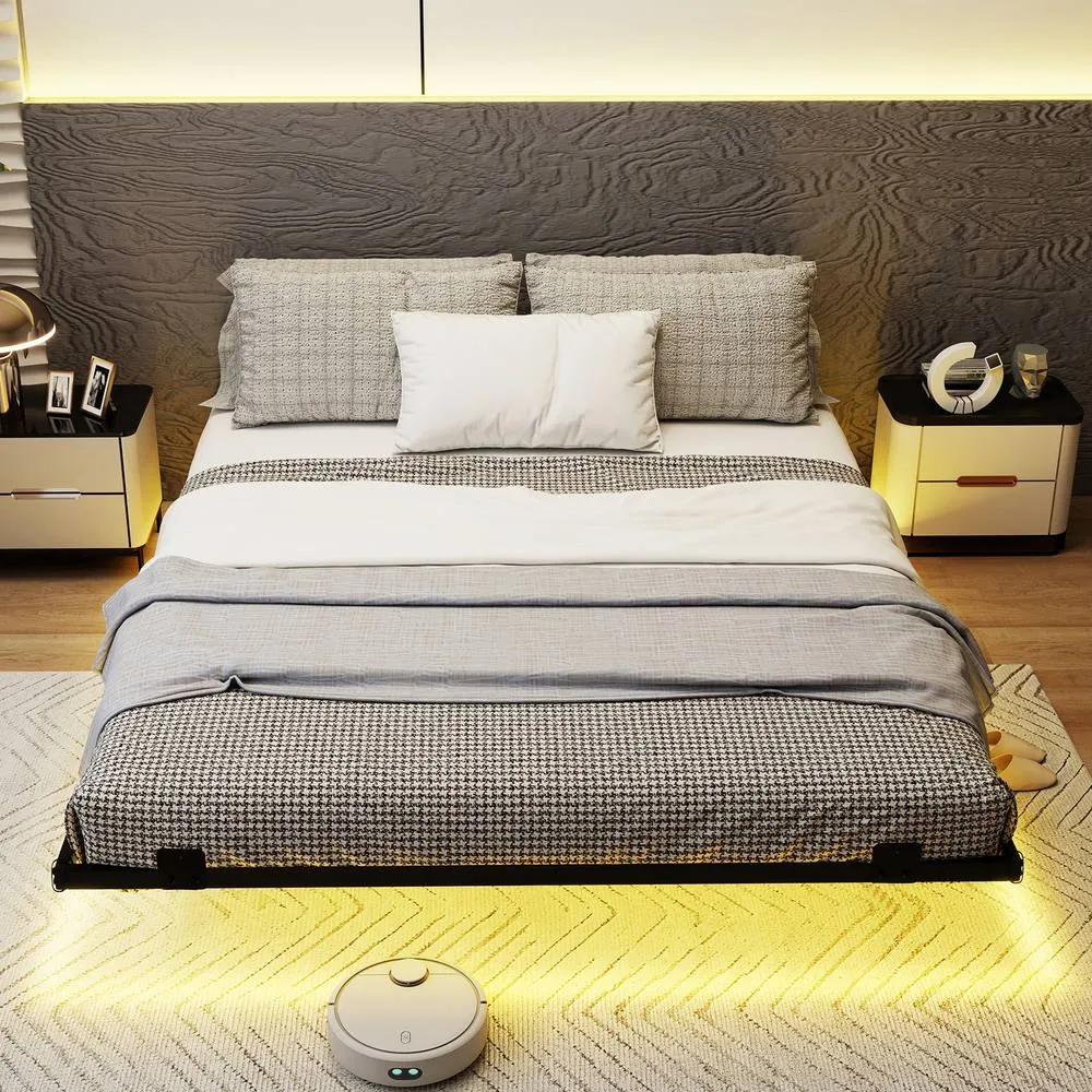Costway King Size Floating Bed Frame w/ LED Lights Modern Metal Platform Bed in Black 3