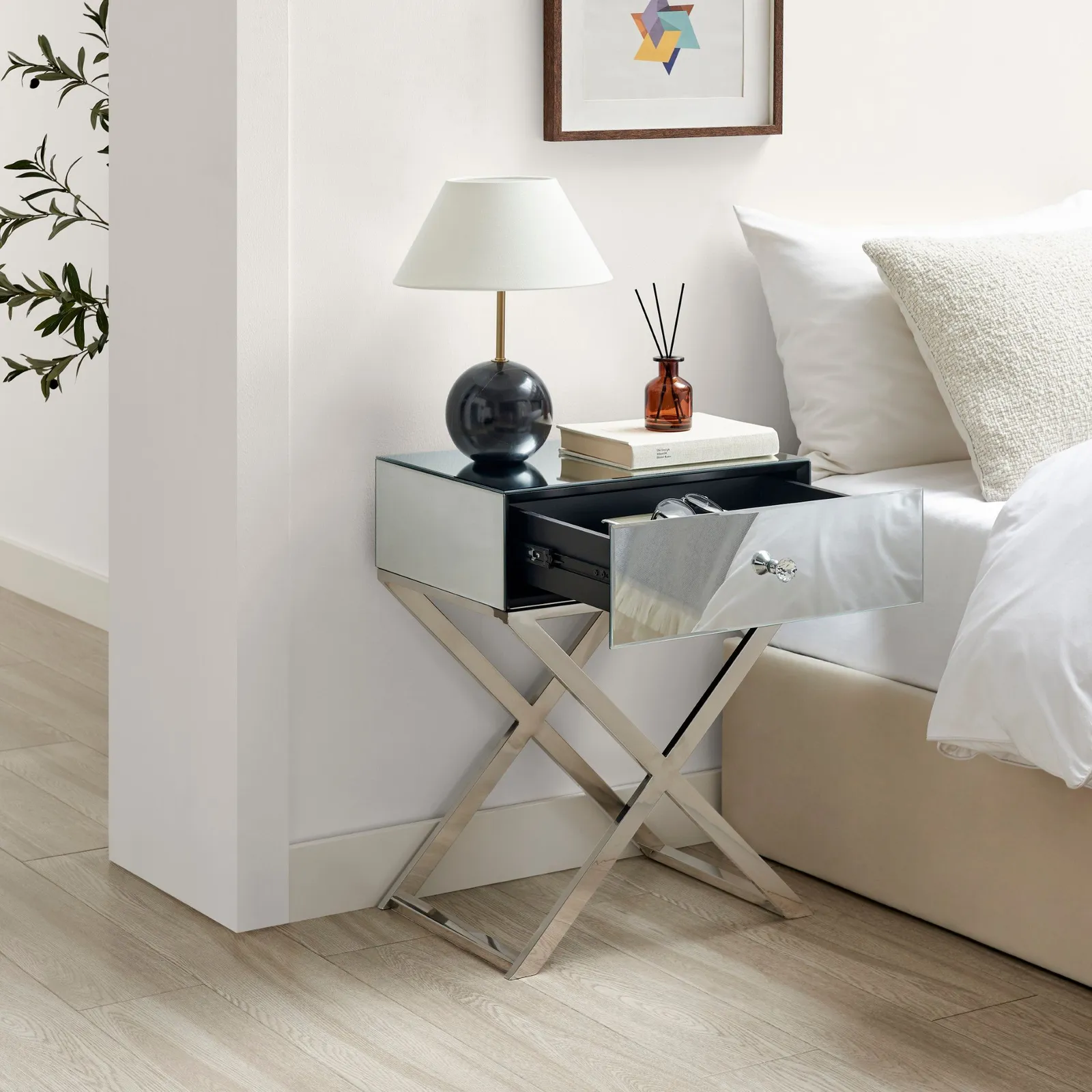 FurnitureboxUK Celeste Single Drawer Mirrored bedside Table With Silver Chrome Cross Legs 3