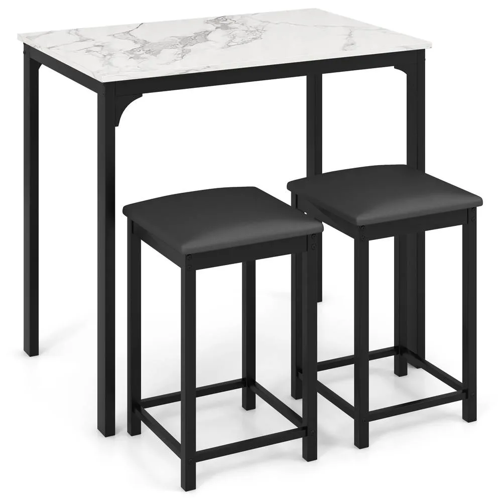 Costway 3 Piece Dining Table Set Modern Bar Table with 2 Upholstered Bar Stools in White 2