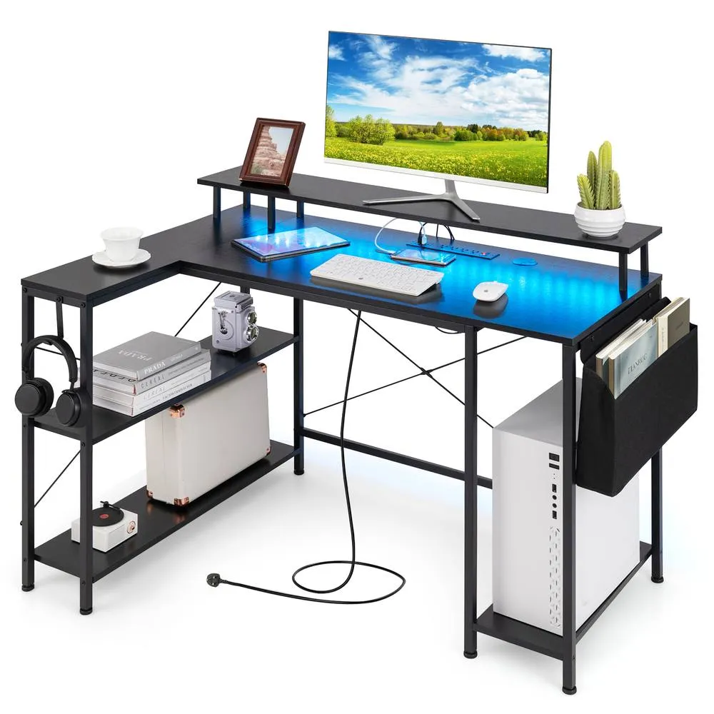 Costway LShaped Gaming Desk with LED Lights & Power Outlets in Black