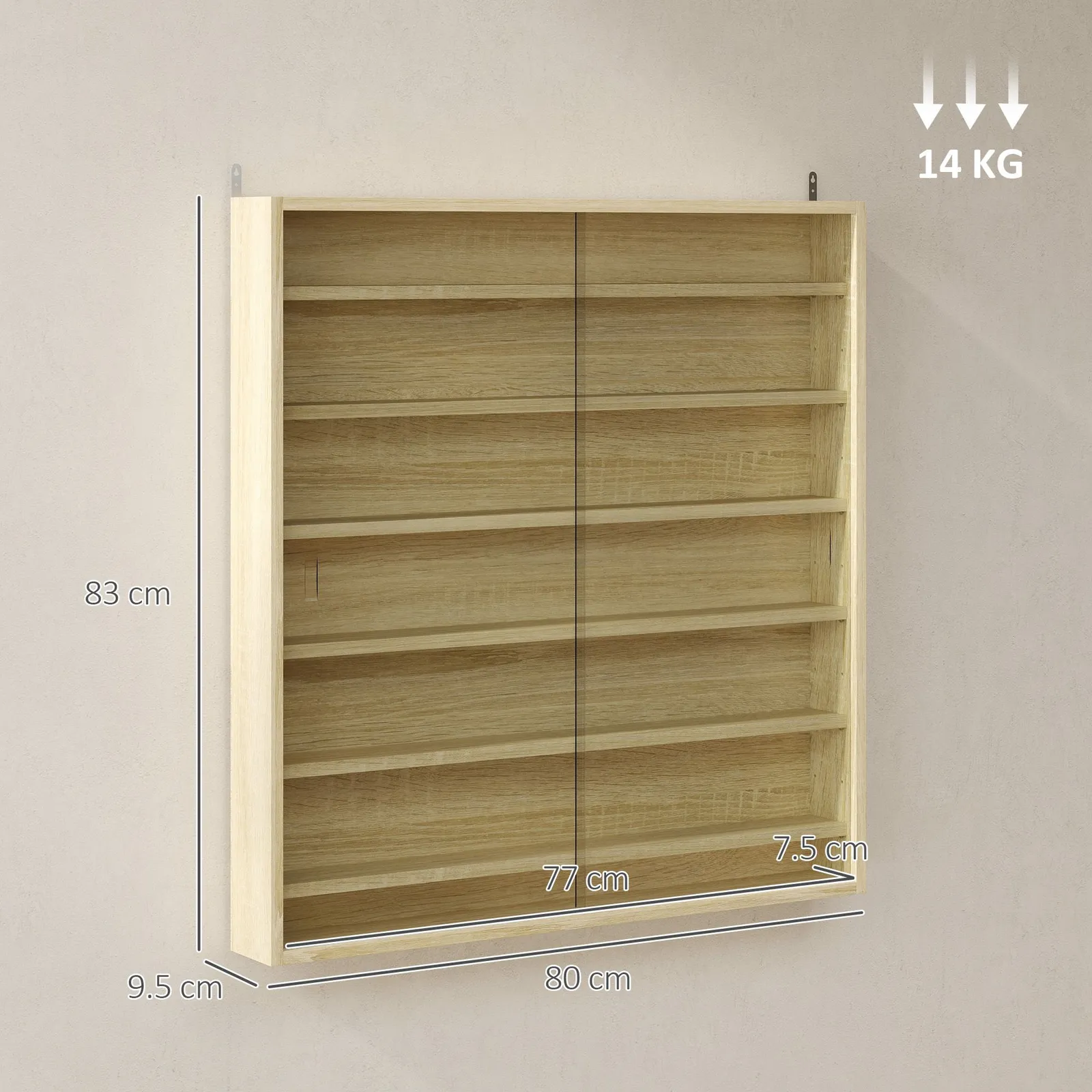 HOMCOM 7-Tier Wall Display Cabinet w/ Shelves Glass Doors in Light Brown 3