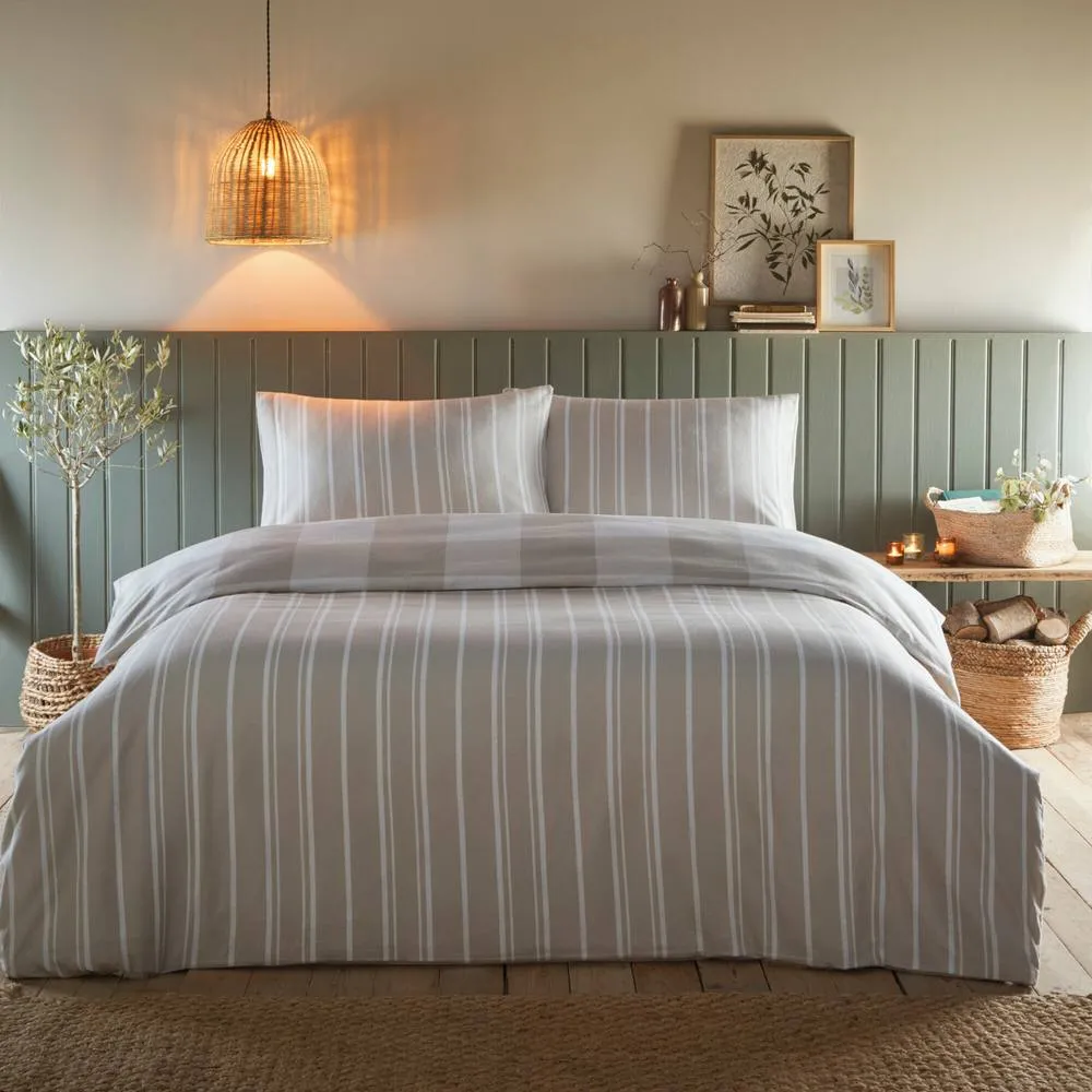 Portfolio Home Glenmore Check Brushed Cotton Striped Reversible Duvet Cover Set in Natural 2