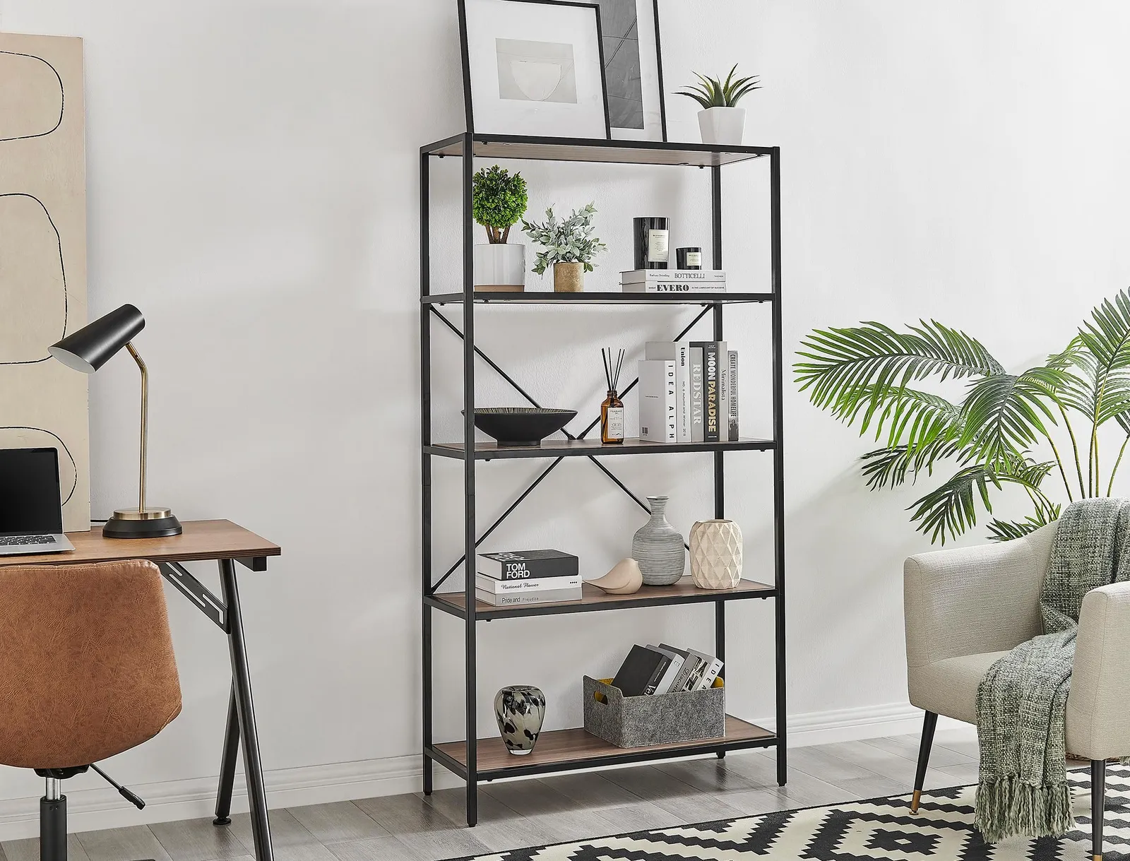 FurnitureboxUK Ashton Industrial Black Metal Box Shelf Unit With 5 Scratch Resistant Melamine Coated Shelves Supporting 10KG Each in Brown 3