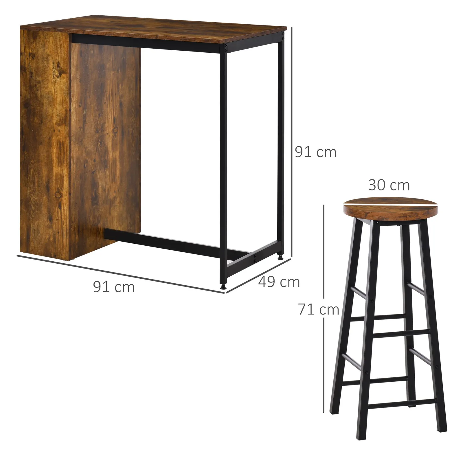 HOMCOM 3 Pieces Bar Table Set Pub Dining Table with Storage Shelf 2 Stools in Dark Brown 3