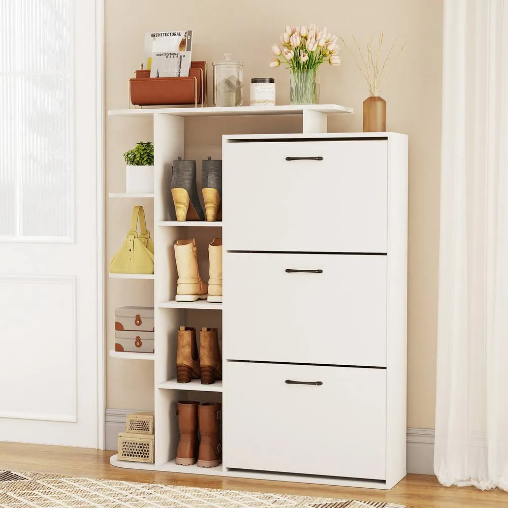 Costway Shoe Storage Cabinet Freestanding Shoe Organizer with 3 Flip Drawers 8 Shelves in White 3