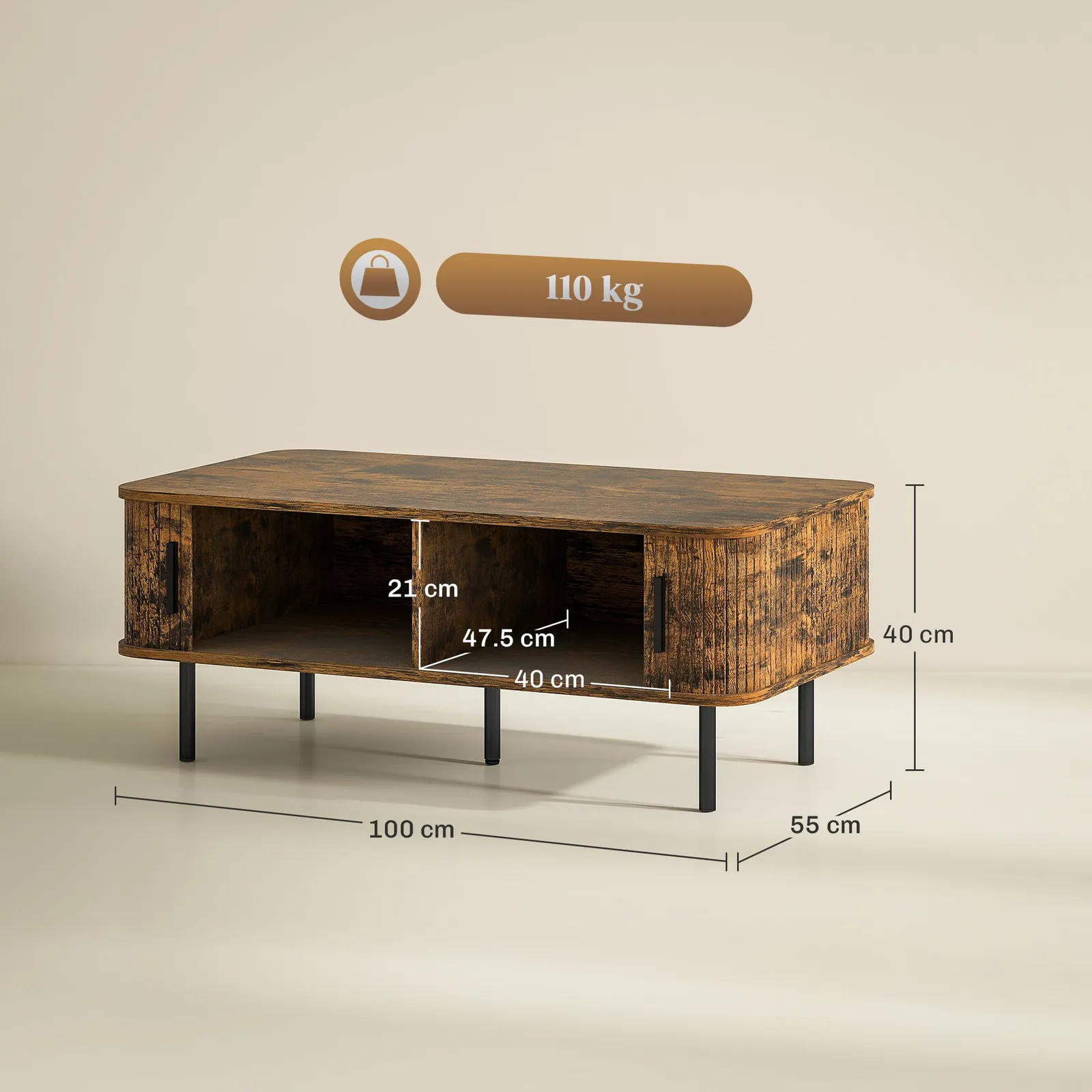 HOMCOM Coffee Table with Storage & Sliding Doors for Living Room in Brown 3