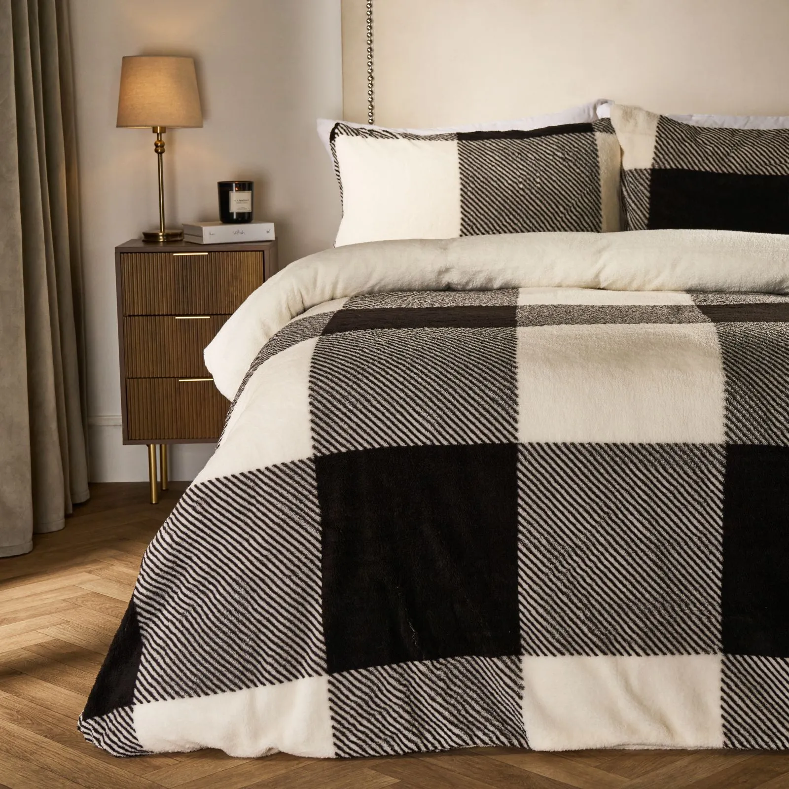 OHS Gingham Teddy Fleece Duvet Cover Pillowcase Check Bedding Set in Black