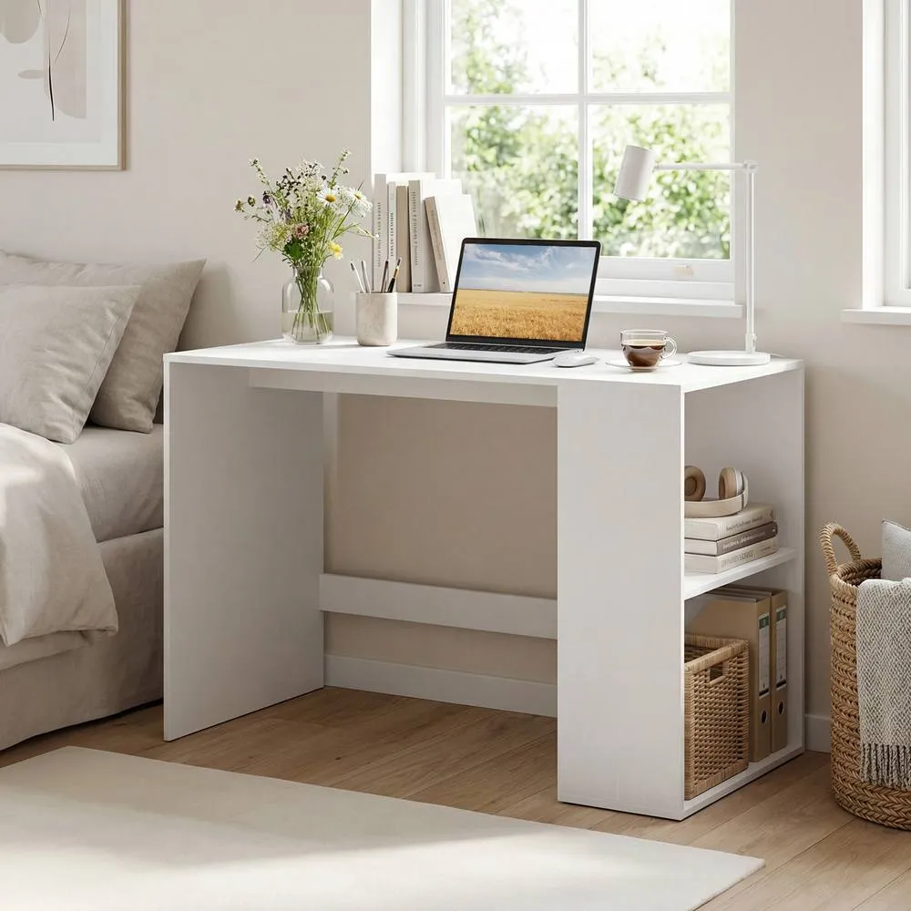 Costway Modern Writing Desk 2 Storage Shelves Computer Workstation White/Natural in White 5