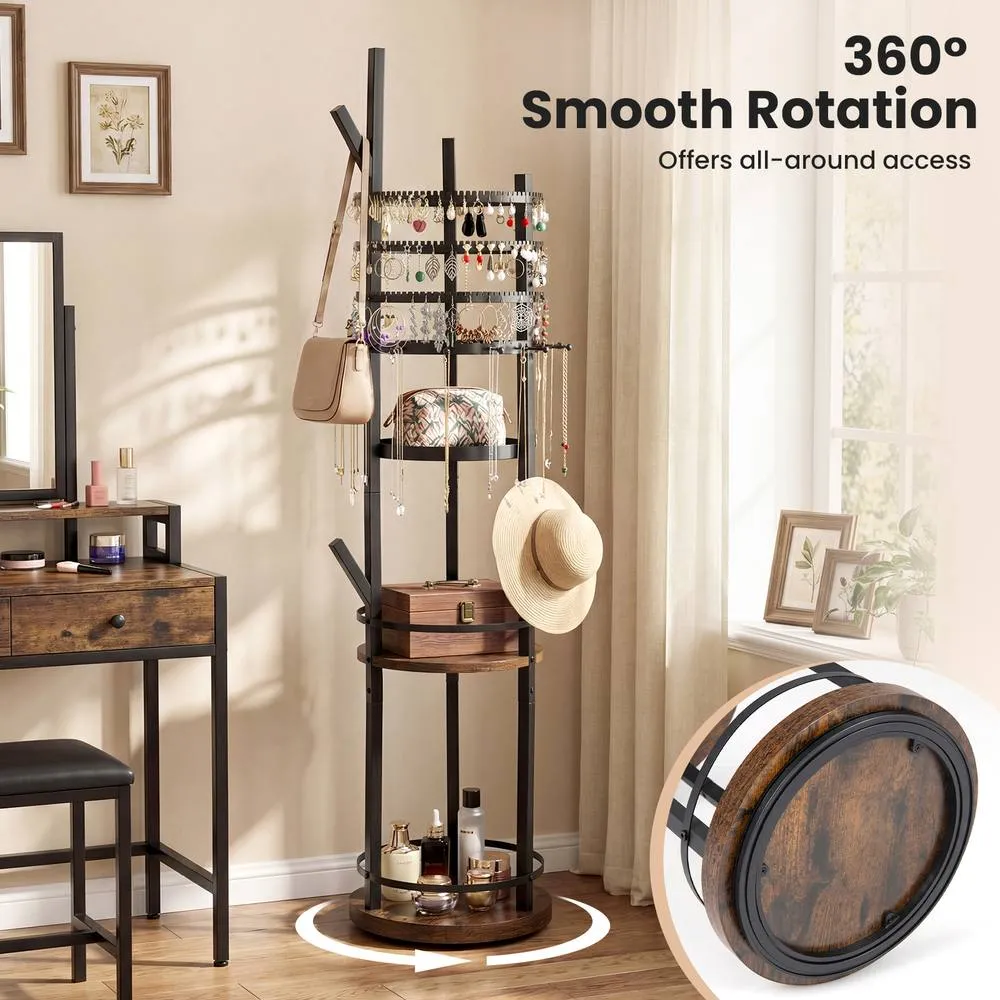 Costway Jewelry Stand Rotating Jewelry Display Tower w/Earring Necklace Holder in Brown 5