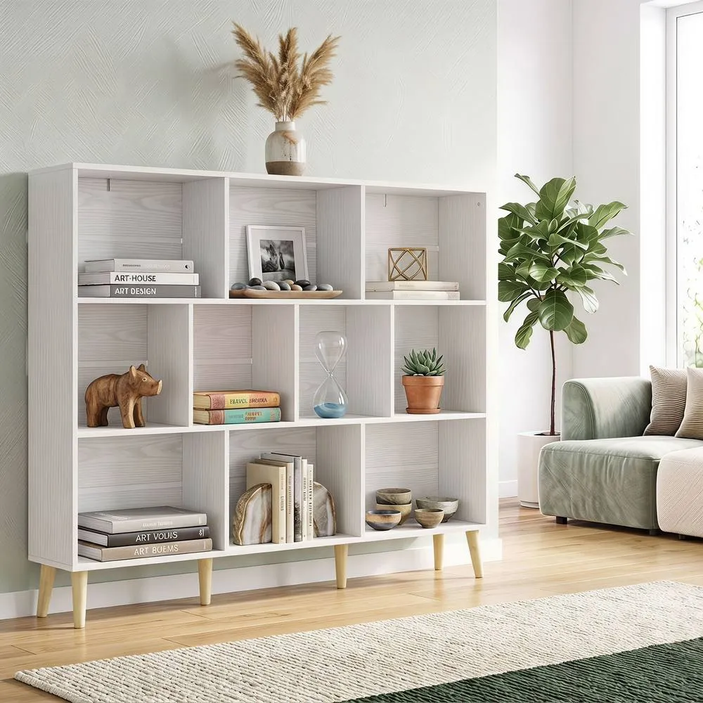 HOMCOM Bookshelf with 10 Cubbies, 3-Tier Book Shelf with Wood Legs, White 2