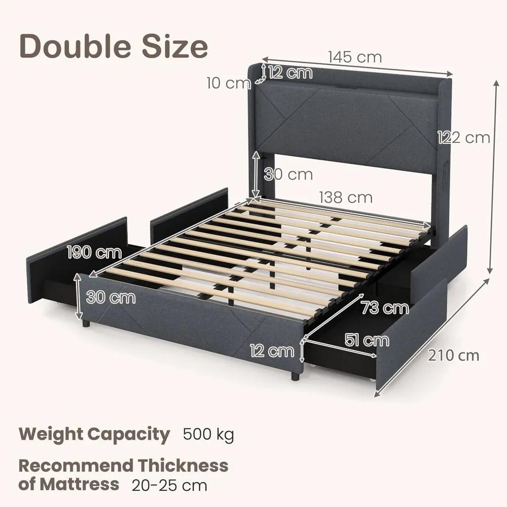 Costway Double Size Bed Frame with Lights & Charging Grey 2
