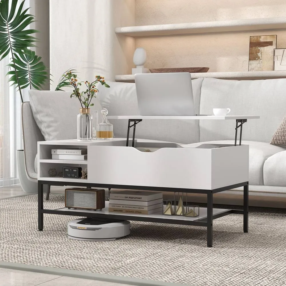 Costway Lift Top Coffee Table Living Room Table w/ Storage Shelf-White in White 3