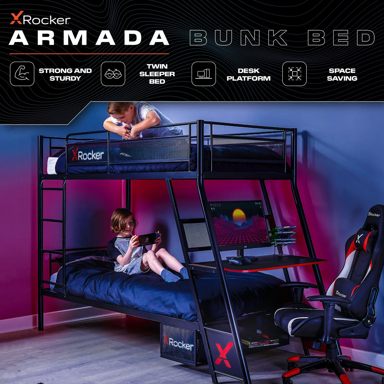 X Rocker Armada Bunk Bed with Gaming Desk & Storage in Black 2