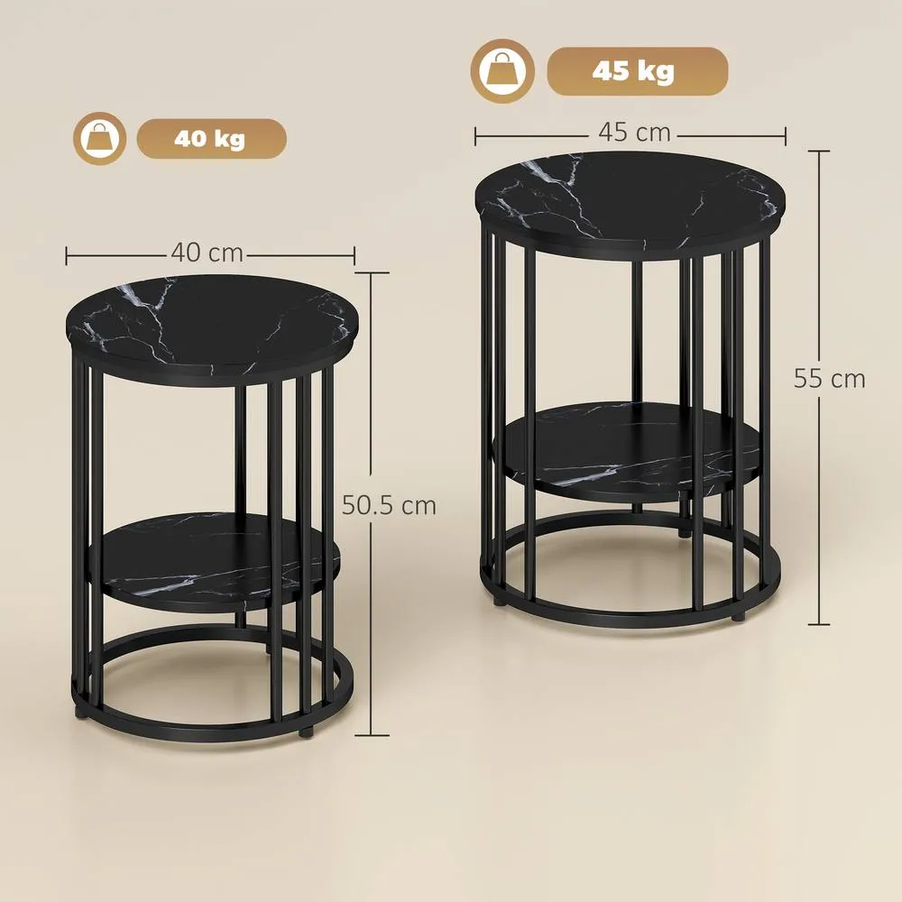 HOMCOM Marble-Effect Round Coffee Table Set of 2 for Living Room, Black 3