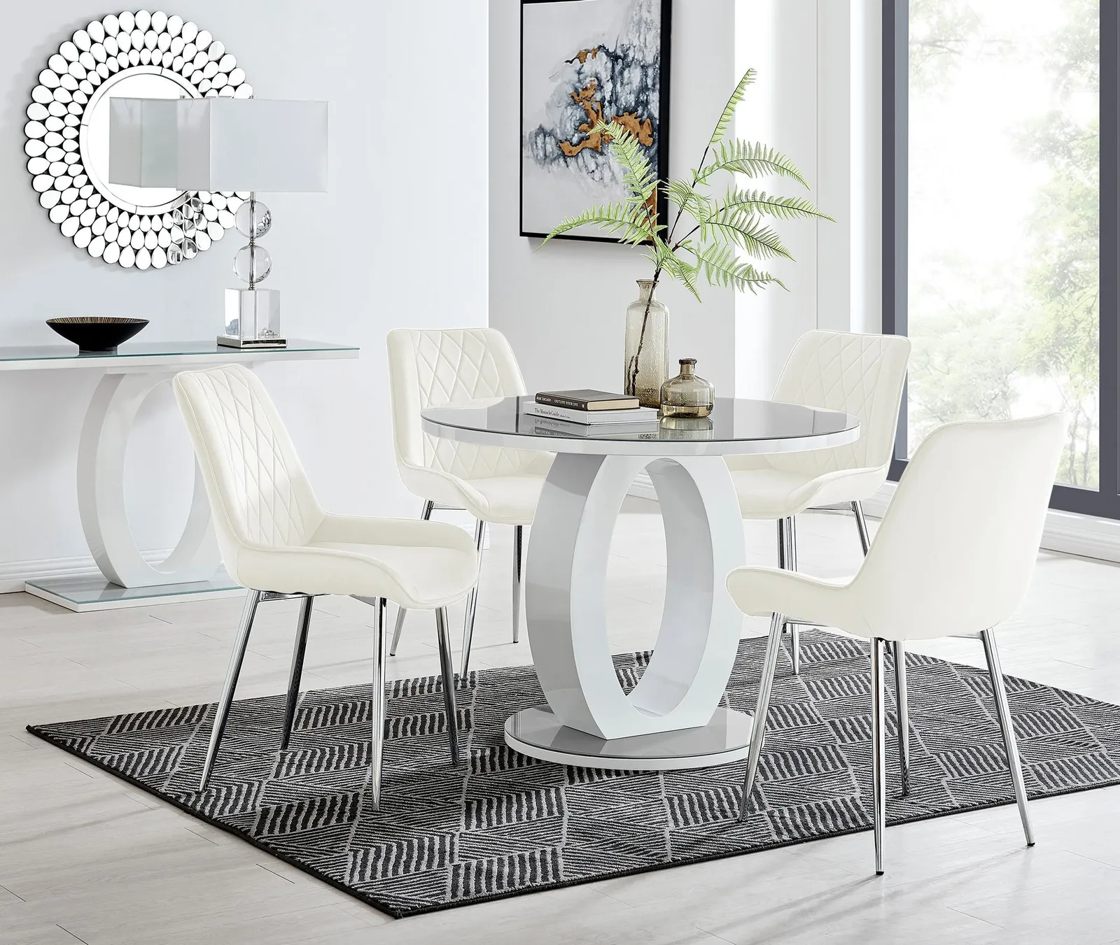 FurnitureboxUK Giovani Round 4 Seat 100cm White High Gloss Halo Base Grey Glass Top Dining Table 4 Soft Velvet Silver Leg Pesaro Chairs in Cream 1