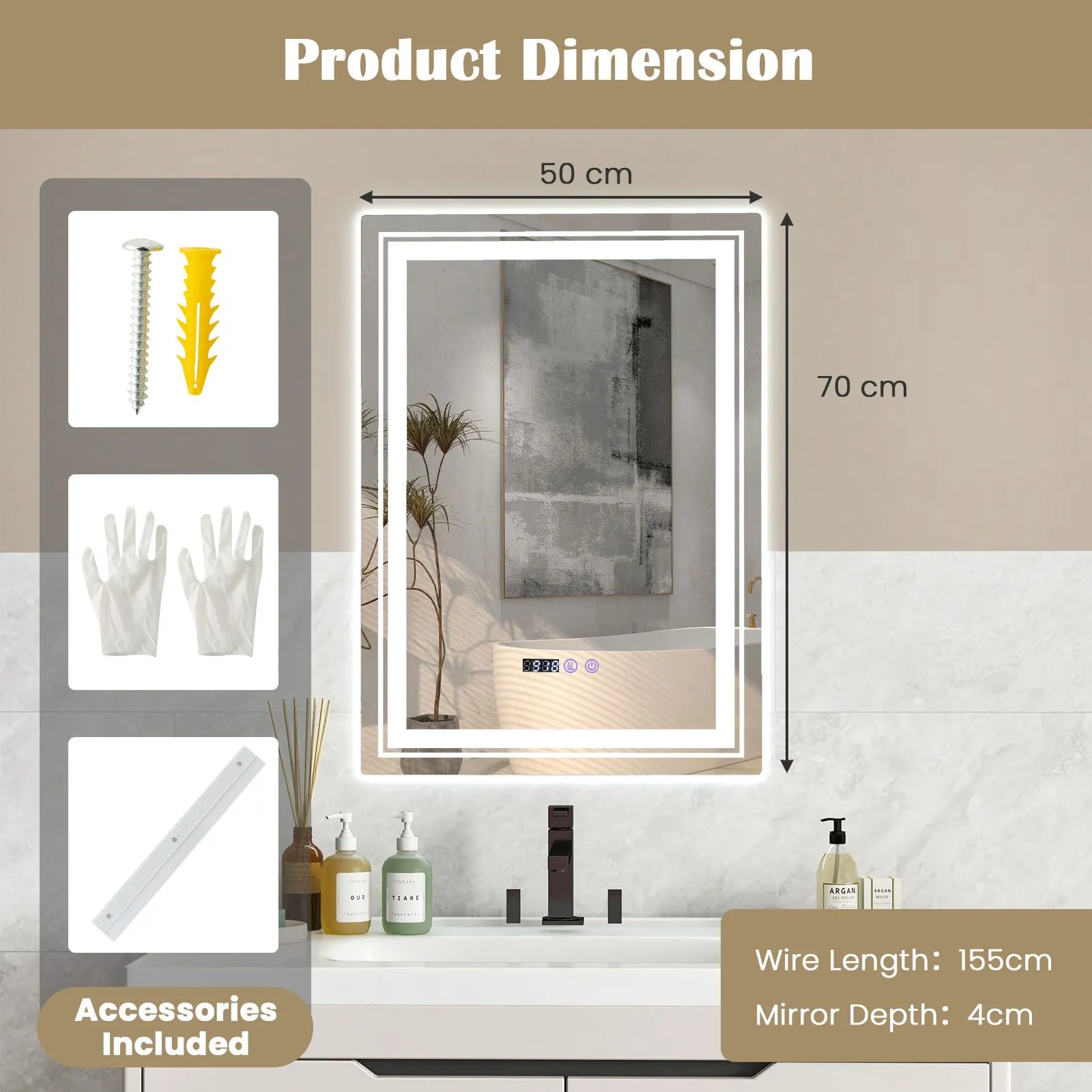 Costway Bathroom Led Vanity Mirror Dimmable Vanity Wall Mirror with 3 Colors 3000-6500K Anti-Fog in Silver 6