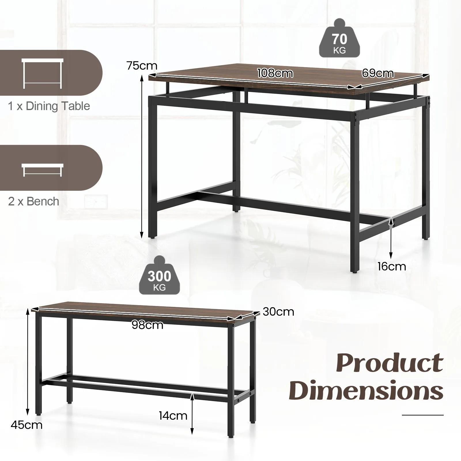 Costway 3 PCS Kitchen Dining Table Set for 4 Wooden Kitchen Table with 2 Benches in Brown 3