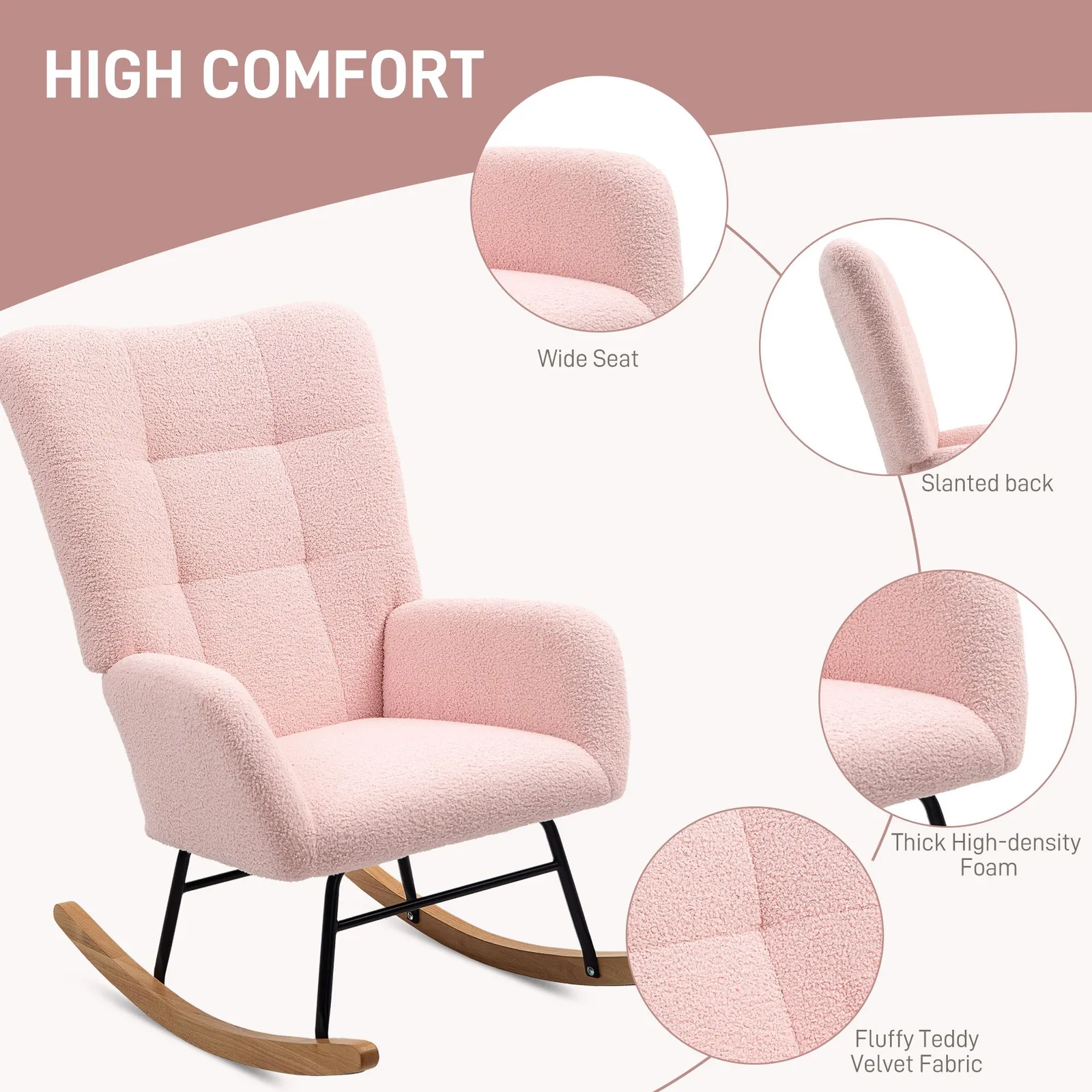 HOMCOM Rocking Chair, Modern Armchair with Backrest for Bedroom in Light Pink 5