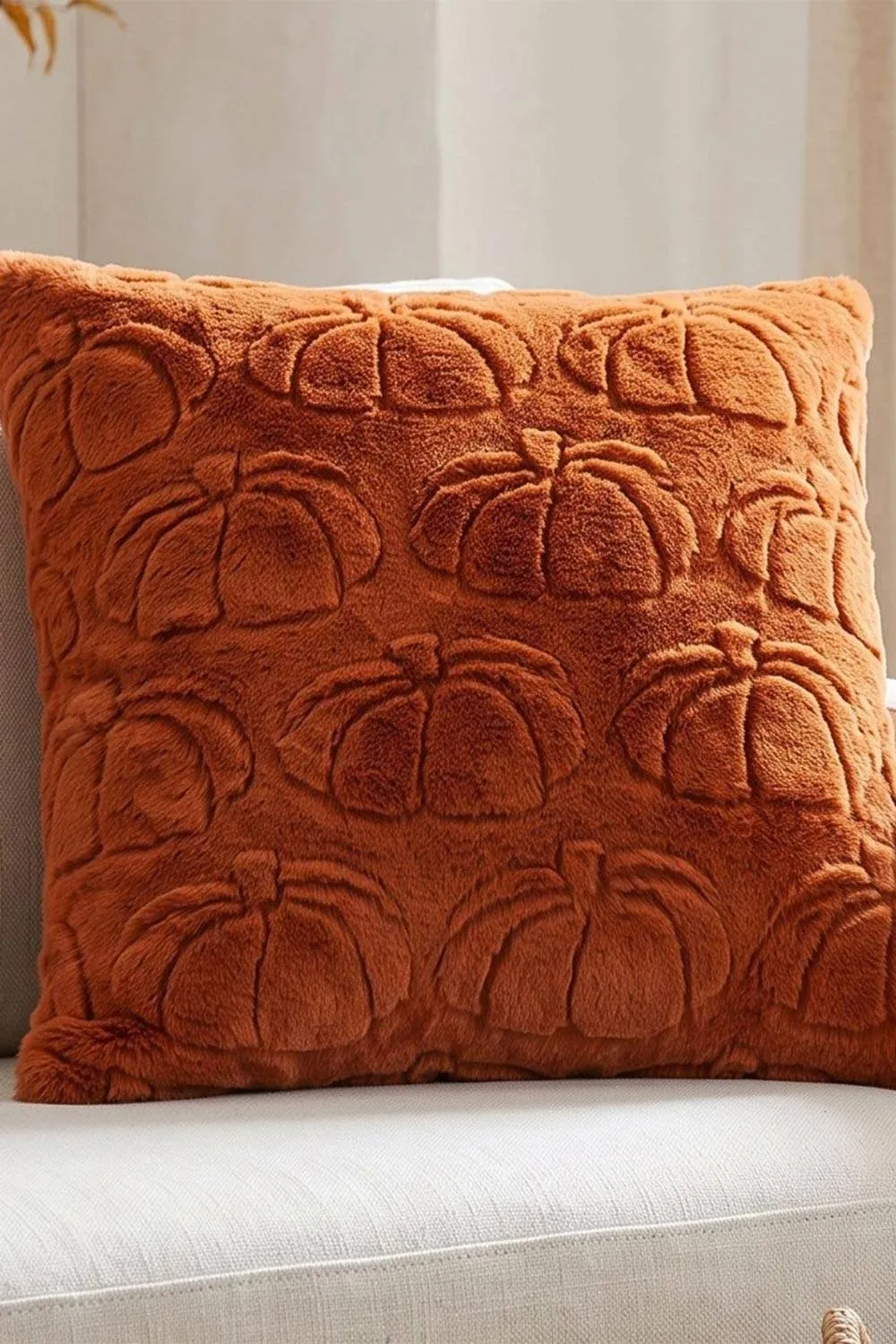 Homescapes Faux Fur Textured Pumpkin Cushion with Cover in Burnt Orange 2