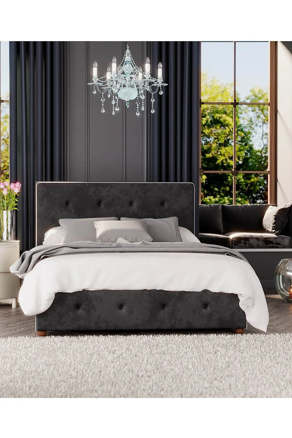 Laurence Llewelyn-Bowen Hesper Ottoman Storage Bed in Mirazzi Velvet Fabric, Custom Made in Black 5