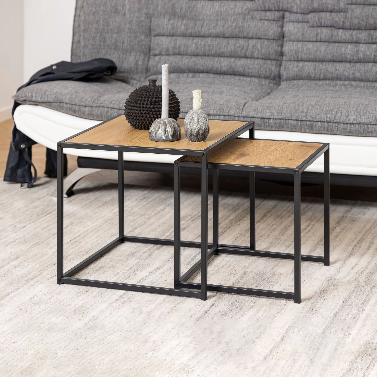 Furniture To Go Seaford Black Metal Nest of Tables with Oak Top in Brown 4