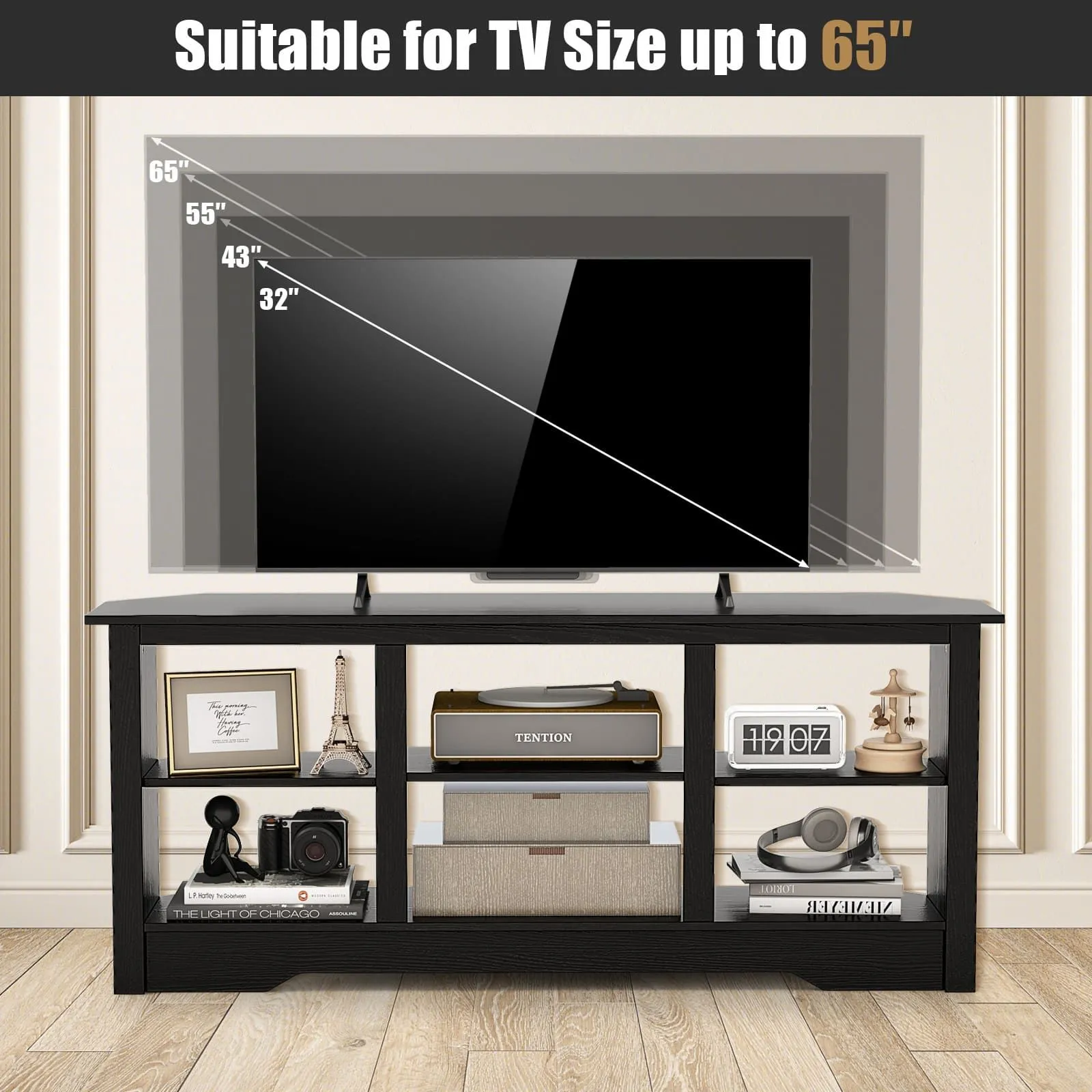 Costway 147cm TV Stand for TVs up to 65 Inches Media Entertainment Center-Black in Black 4