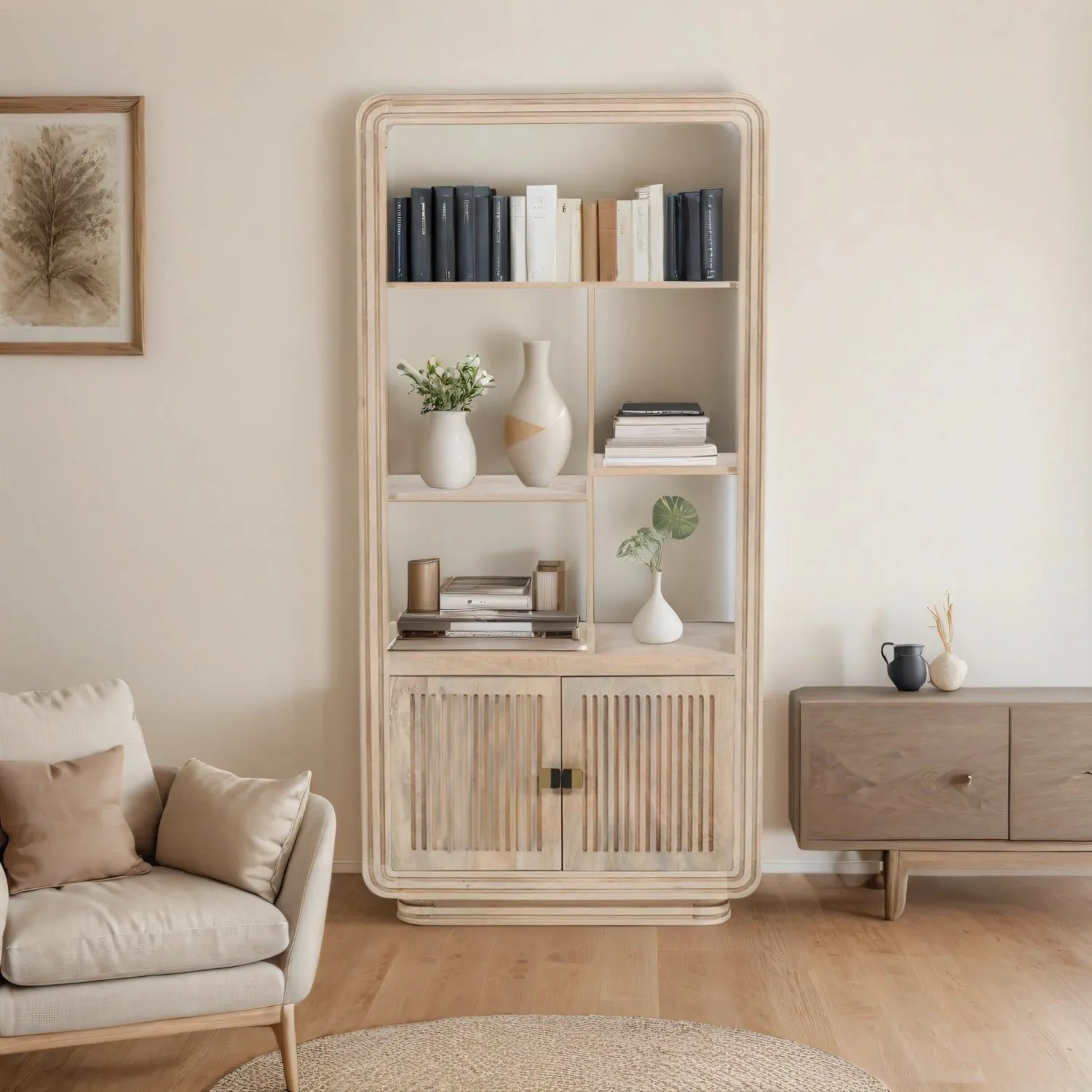 IH Design Paloma Carved Mango Wood Bookcase in Light Brown 4