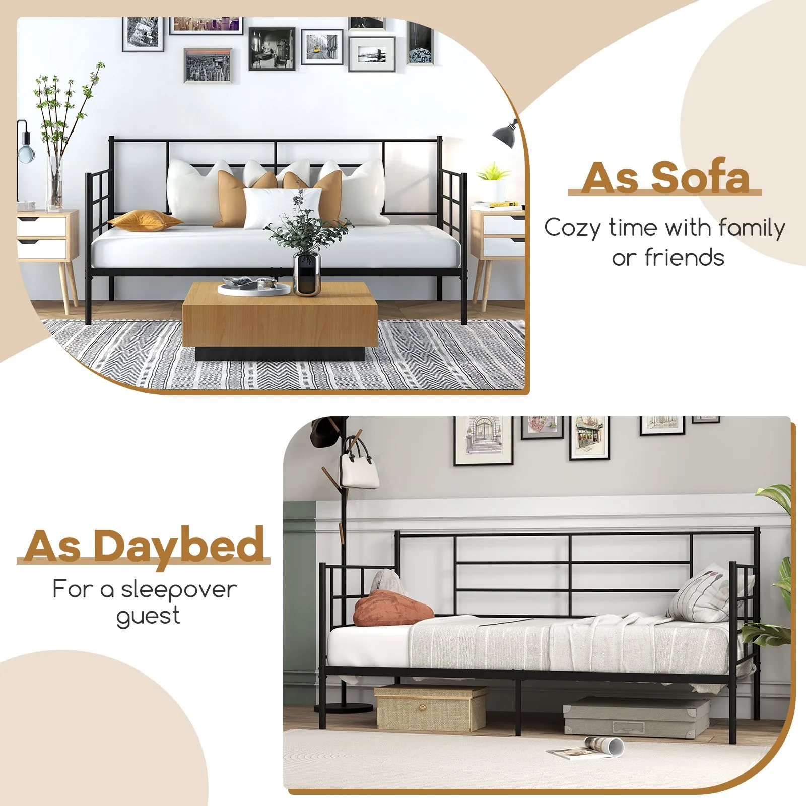 Costway Single Size Metal Sofa Bed Single Platform Bed Daybed with Arms & Back in Black 5