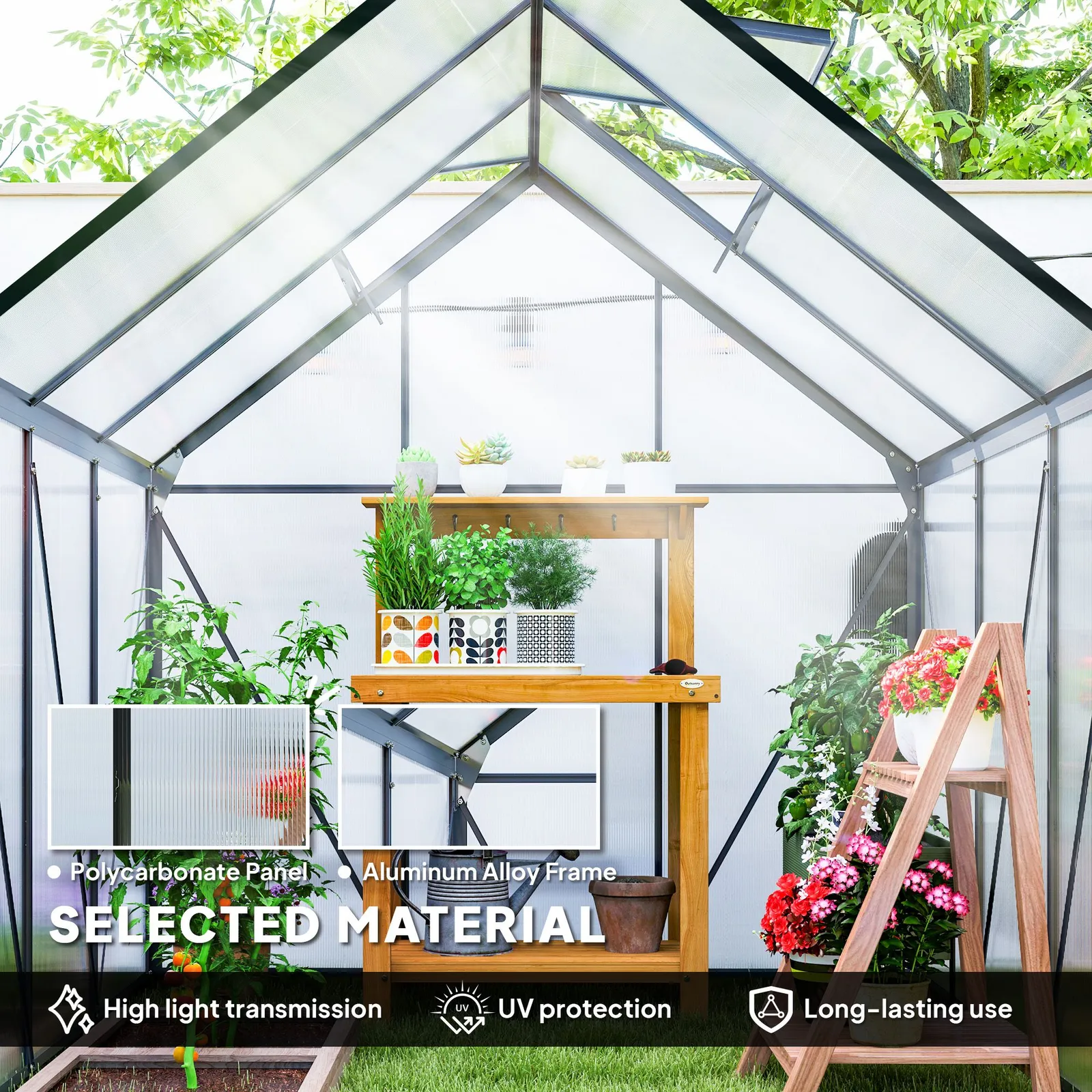 OUTSUNNY Polycarbonate Walk-in Garden Greenhouse w/ Sliding Door Grey 4