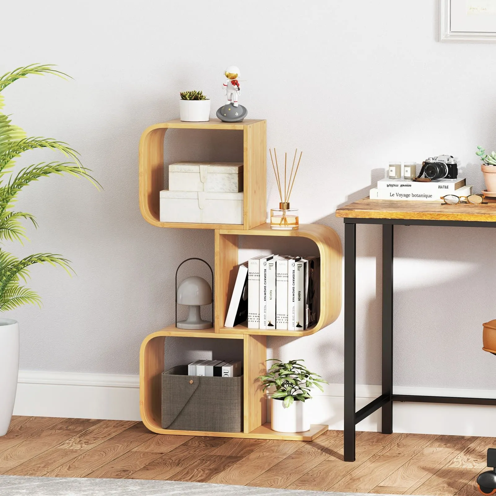 Costway 3-TierS-Shaped Bookcase, Bamboo Bookshelf w/3 Open Cubes in Natural 5
