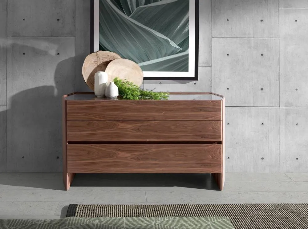 Angel Cerda Walnut Chest of Drawers with Tempered Glass Top, 3 in Brown 3
