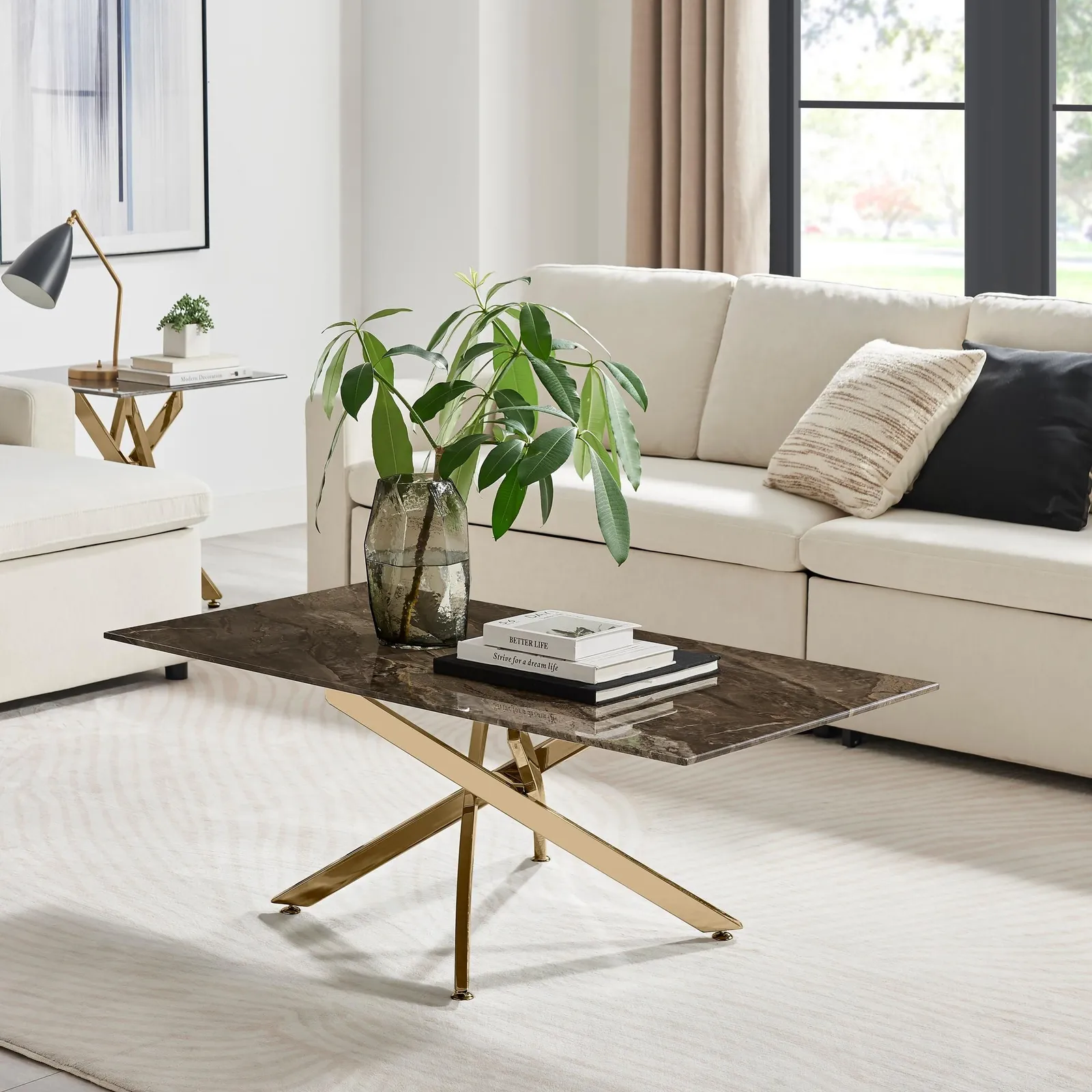 FurnitureboxUK Leonardo Rectangular Marble Effect Glass Top Coffee Table With Gold Metal Starburst Legs in Grey 2