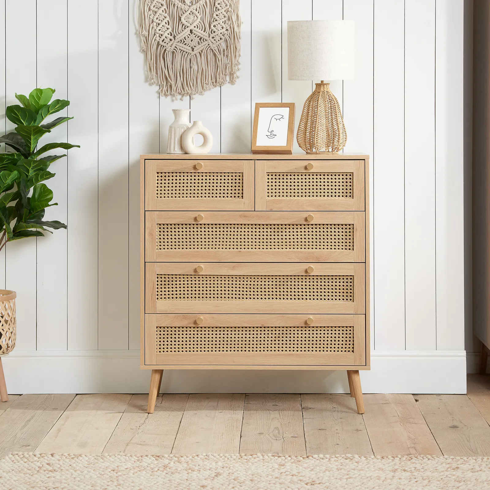 Birlea Croxley Chest of 5 Drawers Rattan Croxley Mid Century Modern in Natural 1
