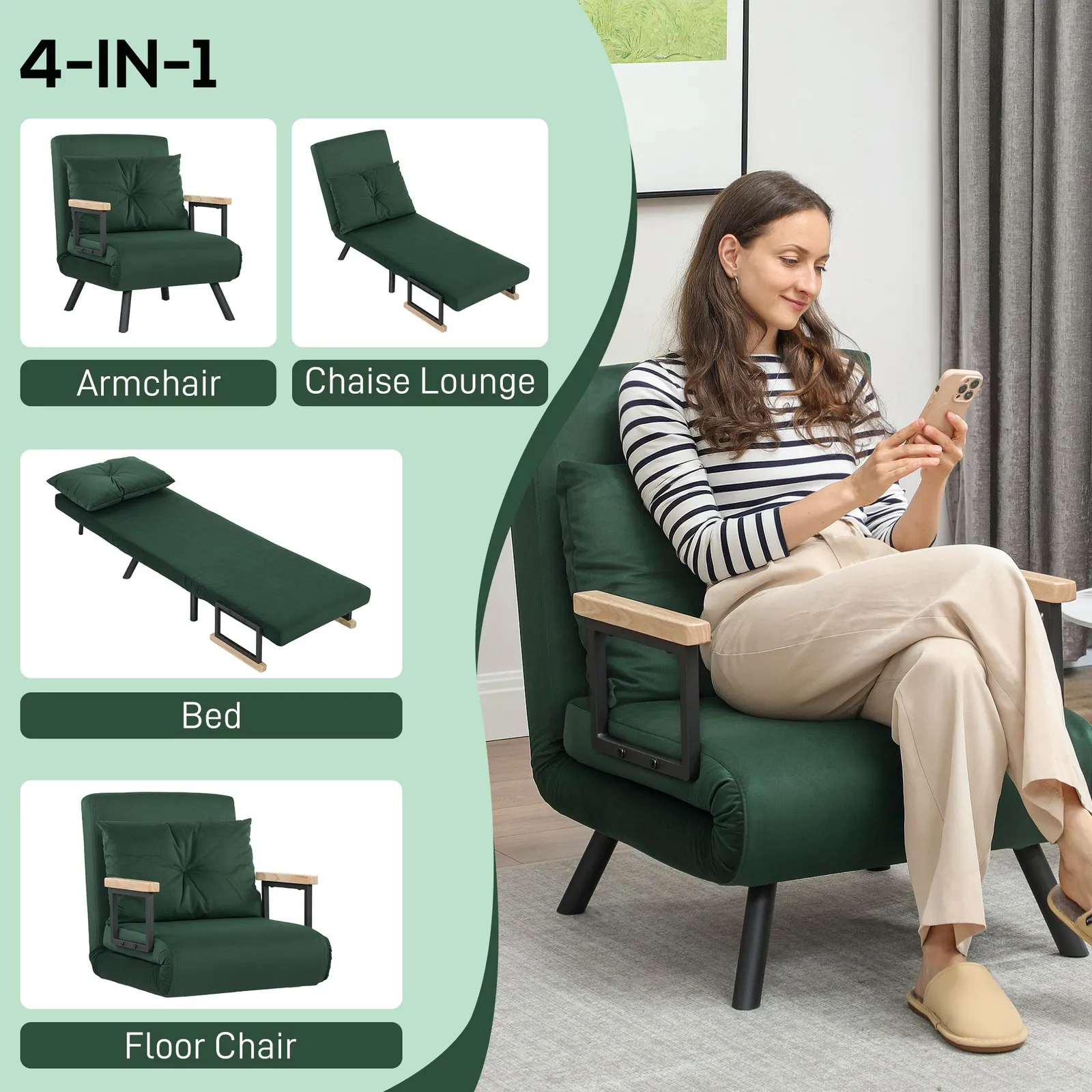HOMCOM Click Clack Single Chair Bed Settee for Living Room, Green 4
