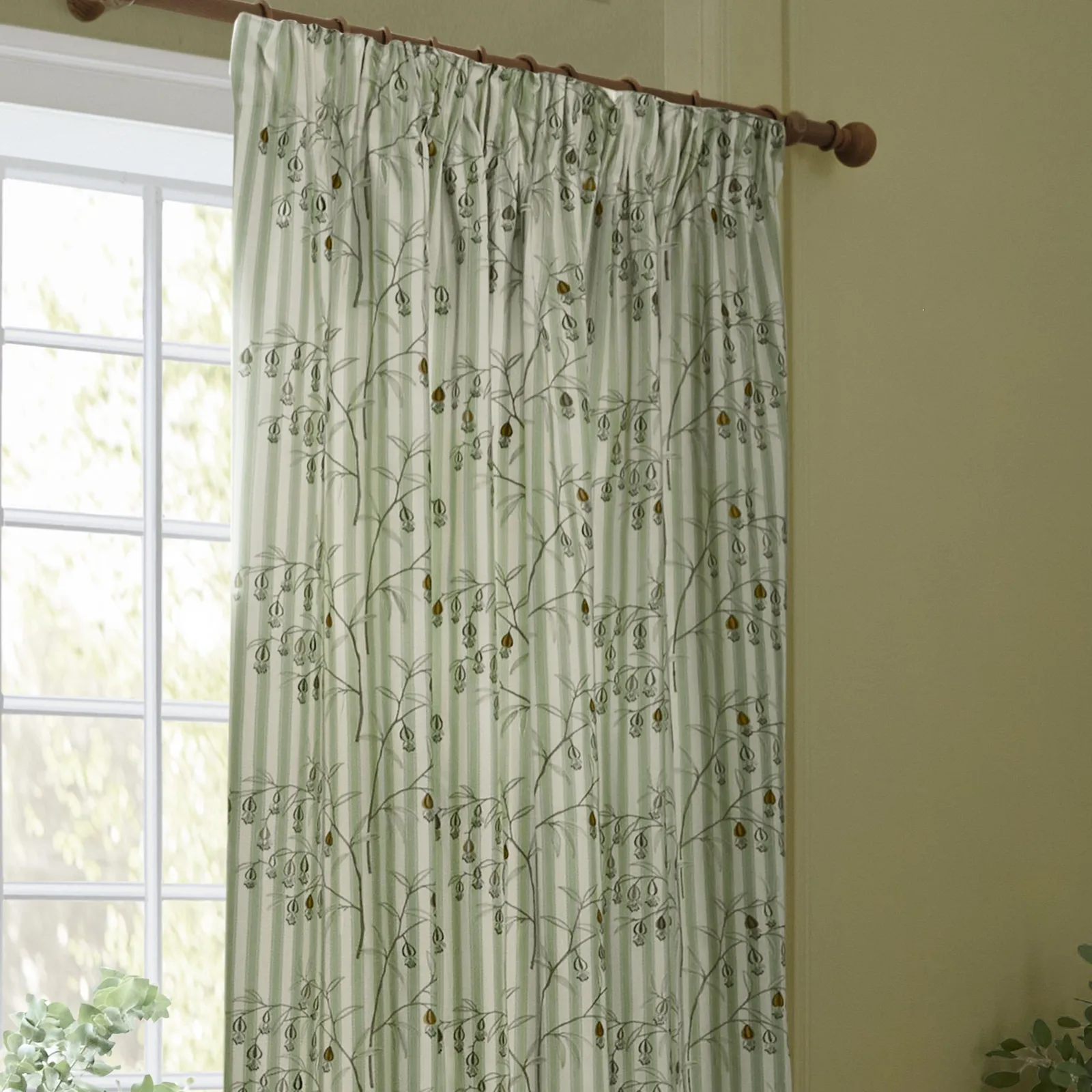 Sanderson Chinese Lanterns Embroidered Room Darkening Pencil Pleat Curtains in Light Green 3