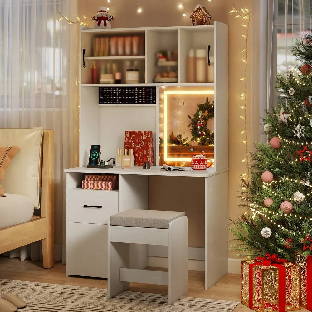 Costway Vanity Desk w/ Mirror & Lights Makeup Dressing Table w/ Power Outlets in White 6