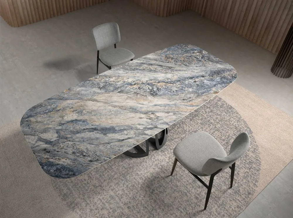 Angel Cerda Oval Blue Porcelain Marble Dining Table with Black 4