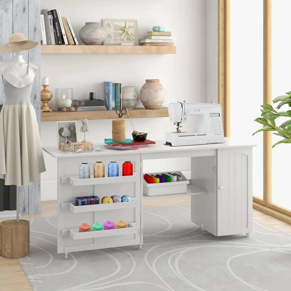 Costway Large Foldable Sewing Table Rolling Drop Leaf Craft Table with Lockable Casters in White 3