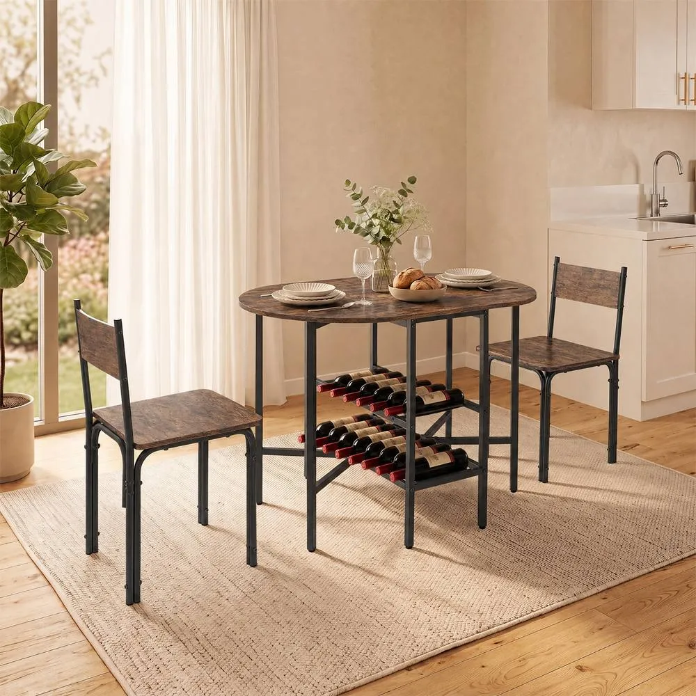 Costway 3 Piece Drop Leaf Dining Table Set w/ 2 Chairs Brown Kitchen Set 3