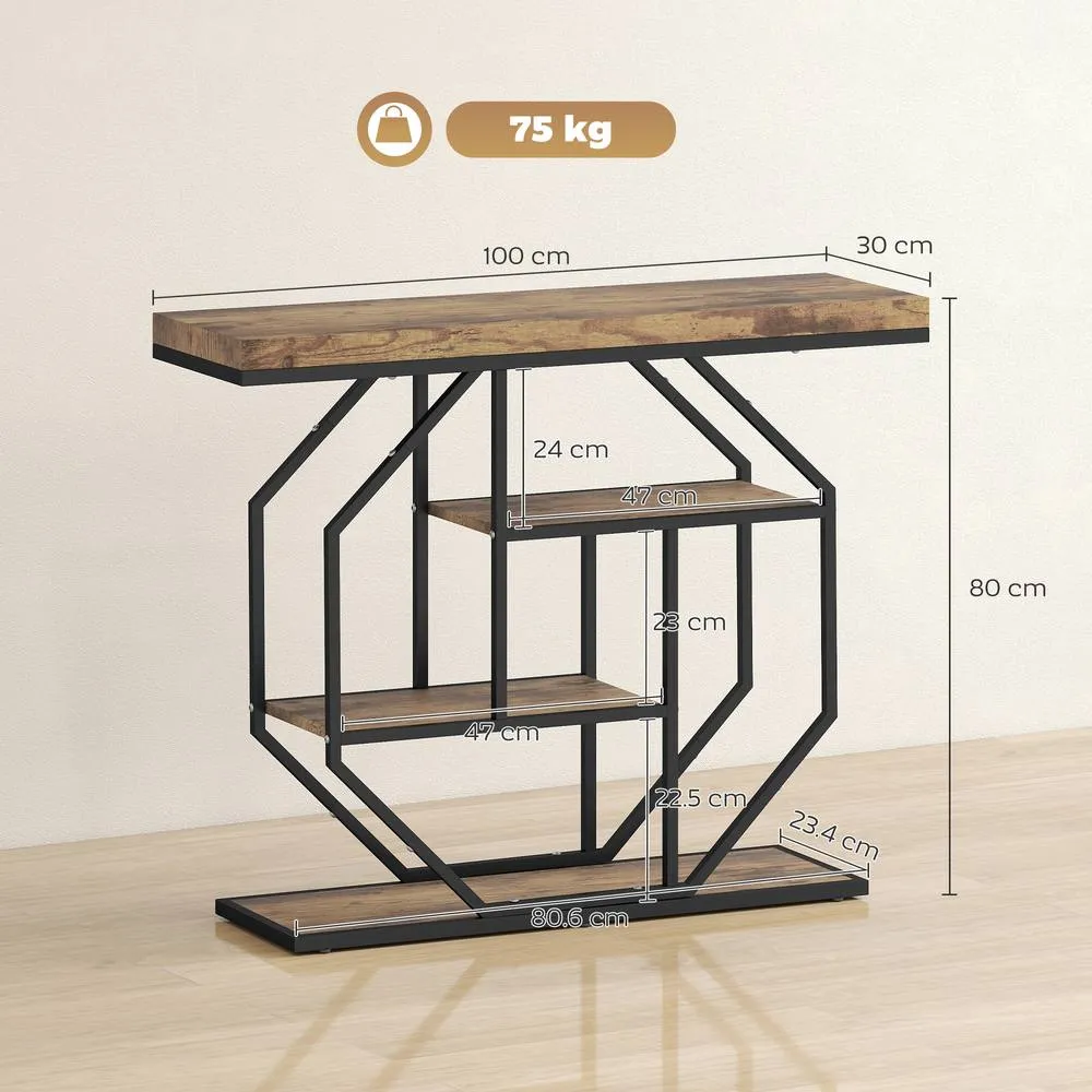 HOMCOM Industrial Console Table, Hallway Table with 4-Tier Shelves in Brown 3