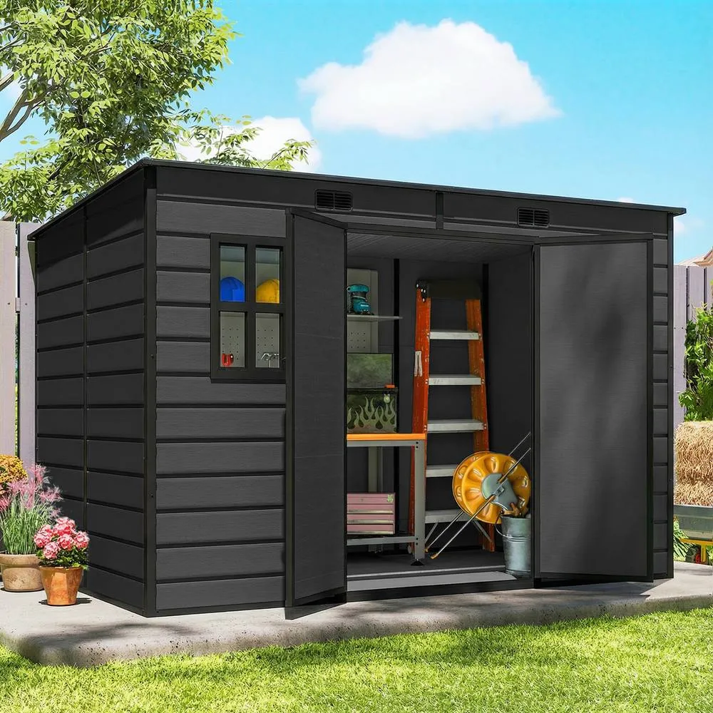 OUTSUNNY 10 x 6 ft Plastic Garden Shed with Floor, Lockable Doors, Dark Grey