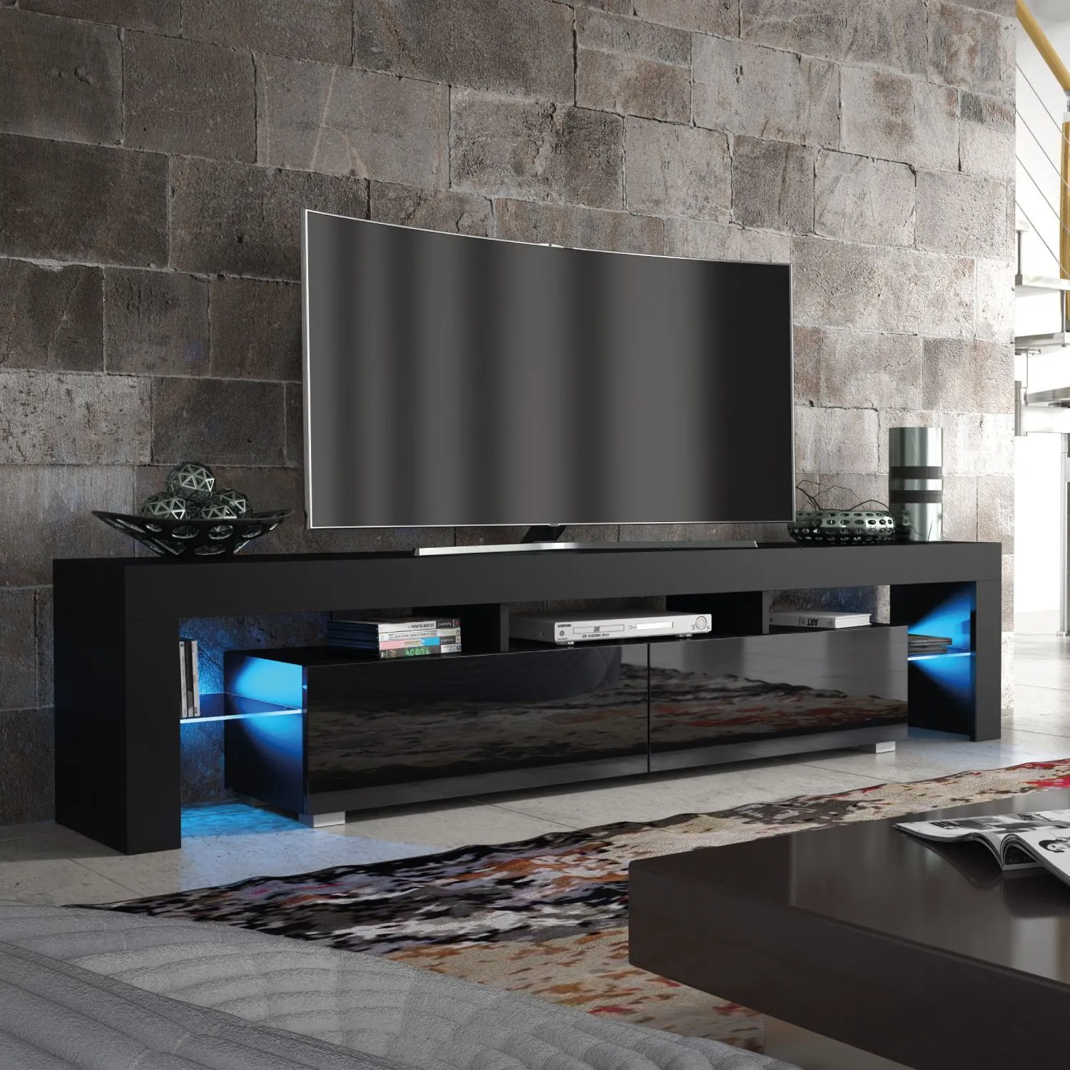 Creative Furniture Nova TV Unit 200cm - A Spacious & Modern Cabinet with Gloss Doors & LED Lights in Black