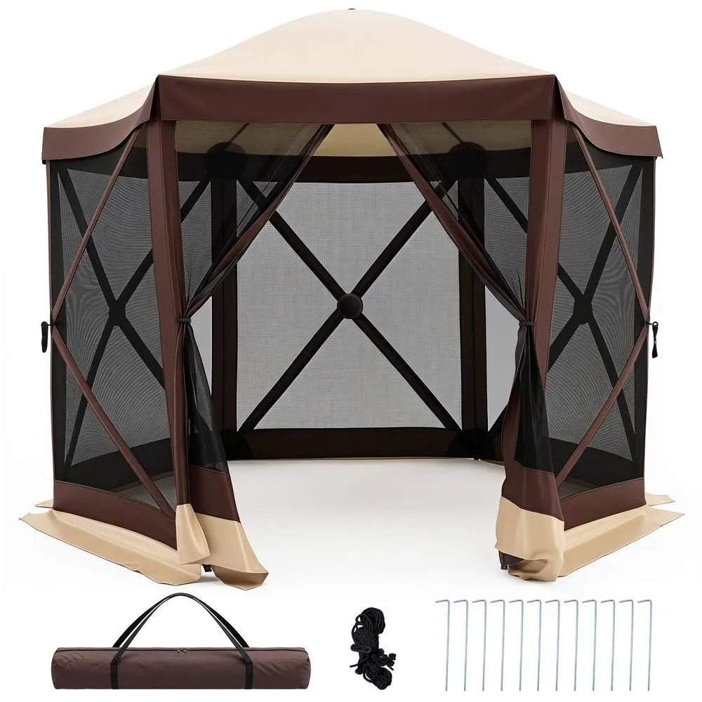 Costway Foldable Gazebo w/6 Net Sides & Zipped Door 6-Sided Garden Pavilion in Brown