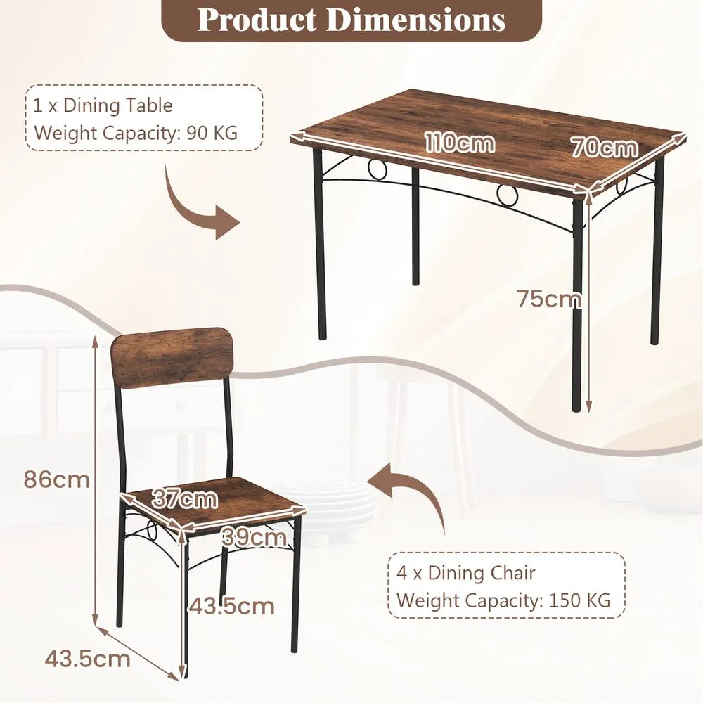 Costway 5-Piece Industrial Kitchen Furniture Dining Table Set for 4-Coffee in Brown 4