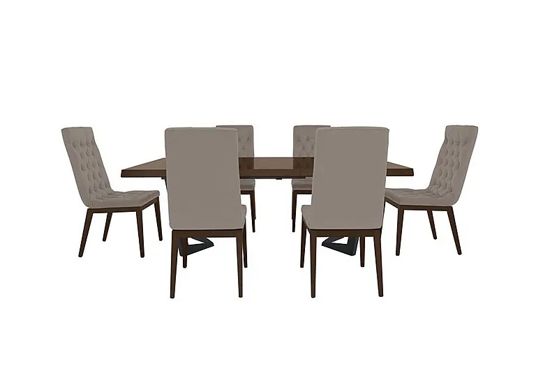 Palazzo 200cm Extending Dining Table in Dark Walnut with 6 Capitonne Buttoned Chairs - Scarlet Taupe