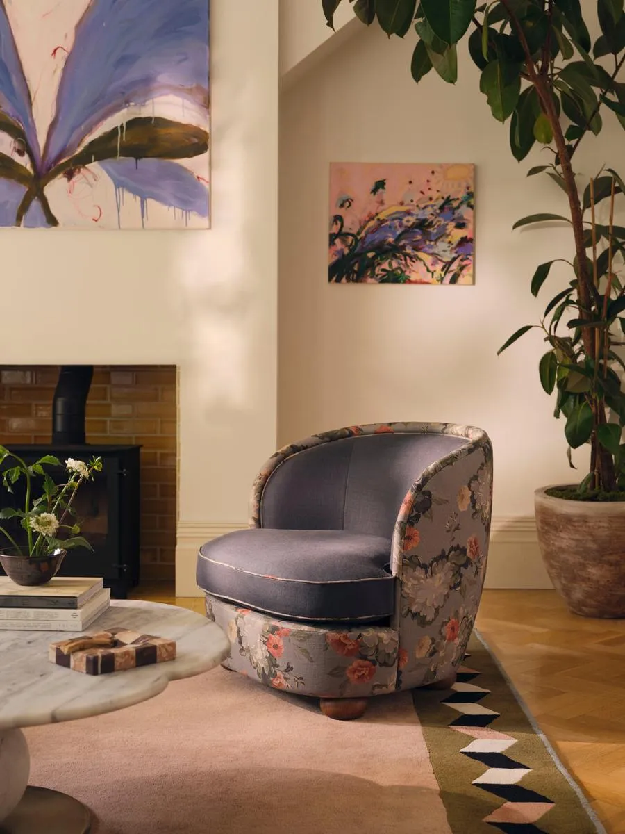 Blair Tub Armchair, Skylar Print, Prussian Blue Linen