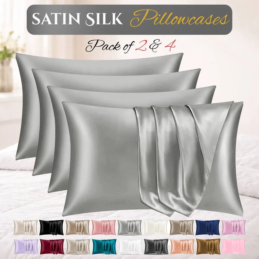 Grace Satin Silk Pillow Cases Pack of 4 Super Soft Smooth Pillow Covers in Grey