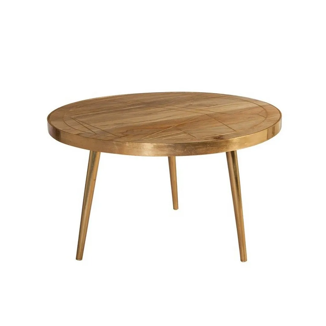 Indian Hub Light Gold Round Coffee Table - Solid Mango Wood - L80 x W80 x H45 cm in Brown