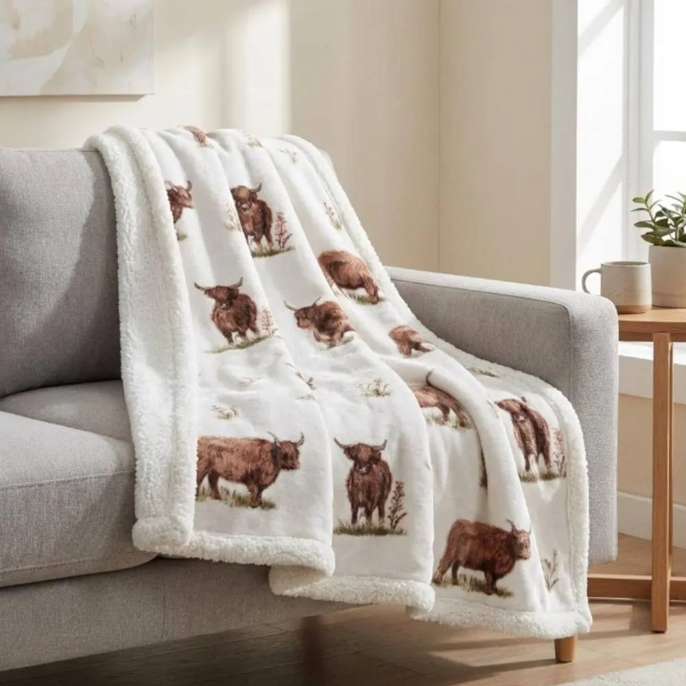 Garden Greatness Highland Cow Cosy Warm Fleece Blanket in White