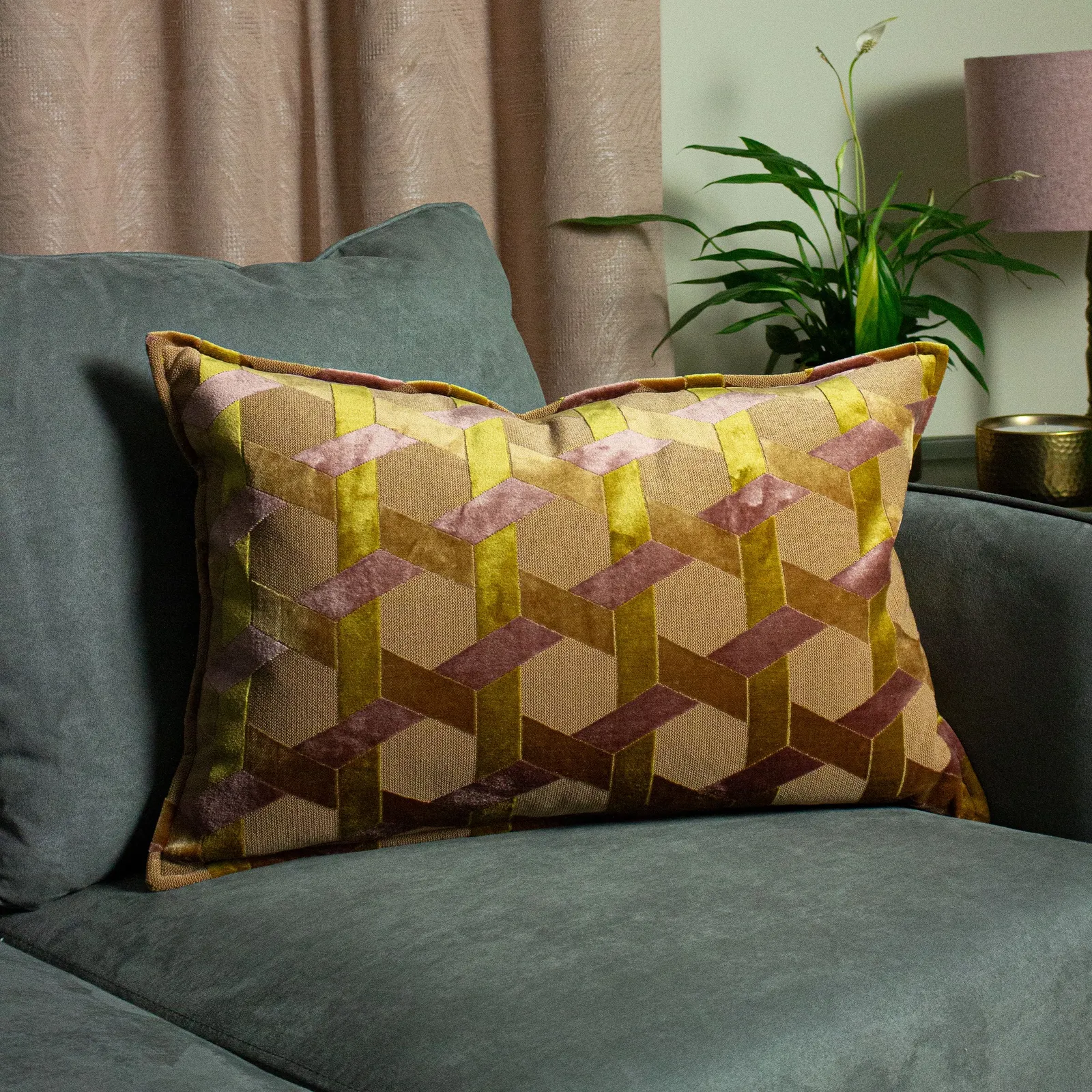 Paoletti Delano Geometric Velvet Cushion in Yellow